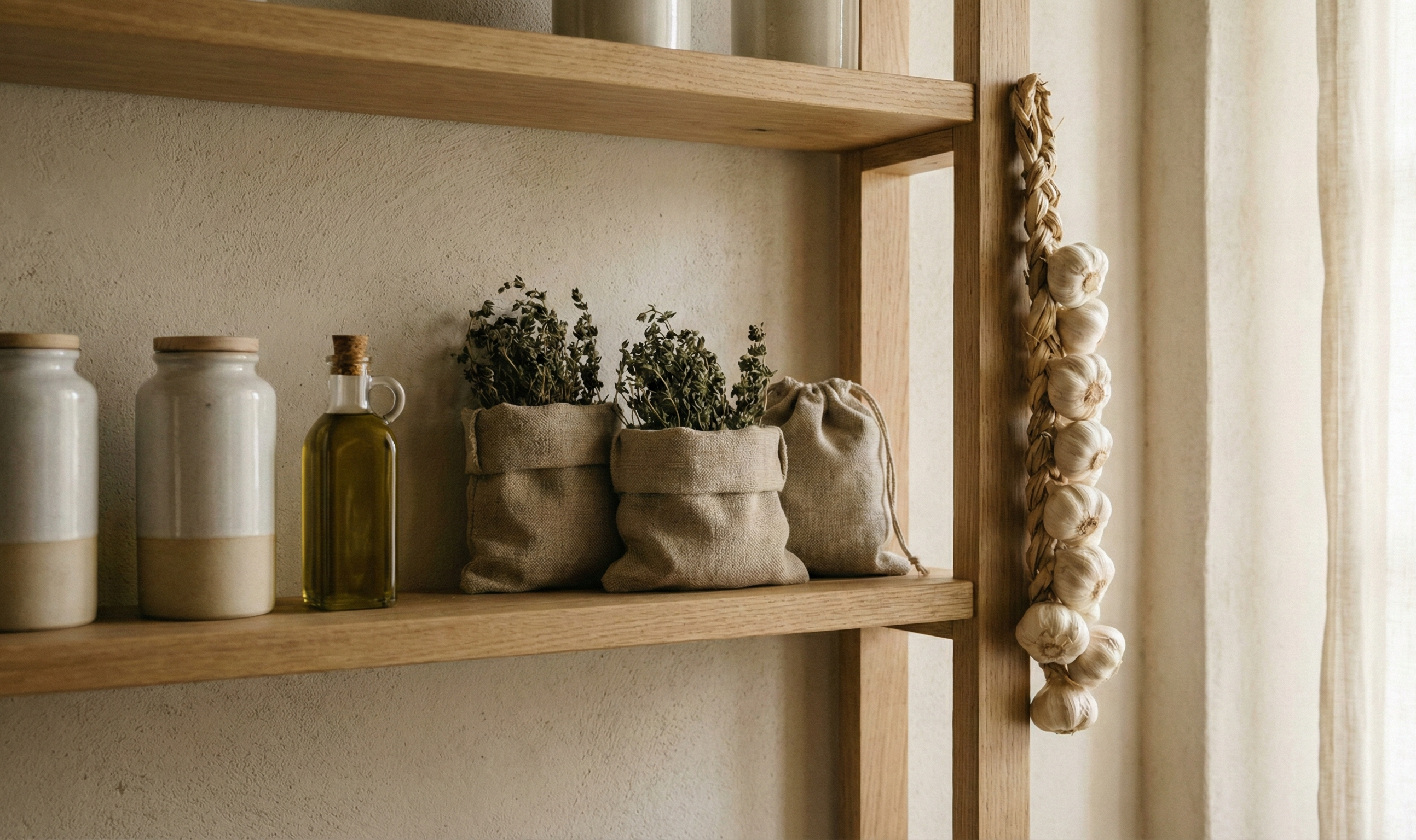 Dispensa in legno con olio e erbe